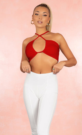 Wild Ways Bralette Red Spaghetti Strap Open Front Cut Out Keyhole Cross Neck Lace Up Tie Back Crop Top