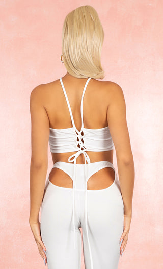 Wild Ways Bralette White Spaghetti Strap Open Front Cut Out Keyhole Cross Neck Lace Up Tie Back Crop Top