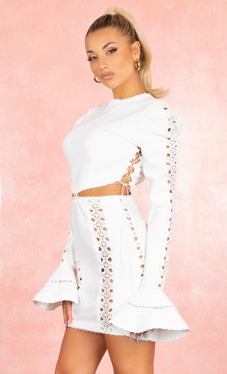 She's A Muse White Bandage Lace Up Puff Shoulder Mock Neck Long Sleeve Cut Out Bodycon Mini Dress