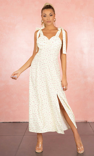 Make You Mine Forever Pink Pattern Sleeveless Bow Straps Sweetheart Neck Flare A Line Casual Midi Dress