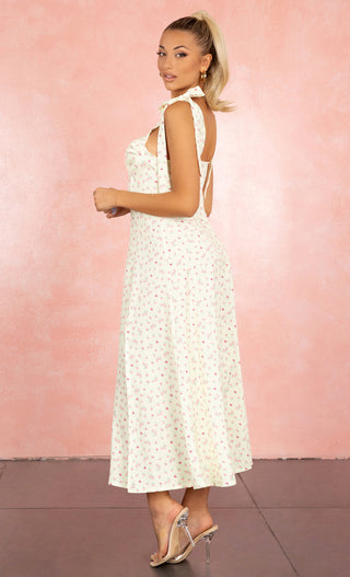 Make You Mine Forever Pink Pattern Sleeveless Bow Straps Sweetheart Neck Flare A Line Casual Midi Dress