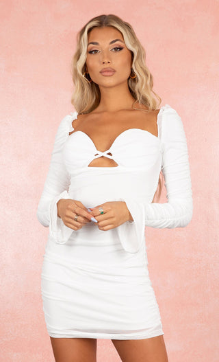 In The Name Of Love White Bustier Padded Cup Mesh Cut Out Sweetheart Neck Flared Long Sleeve Ruched Bodycon Mini Dress