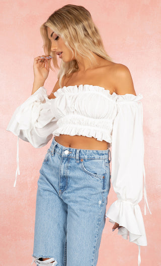 Pretty Peasant White Long Puff Sleeve Smocked Ruffled Off The Shoulder Crop Top Blouse