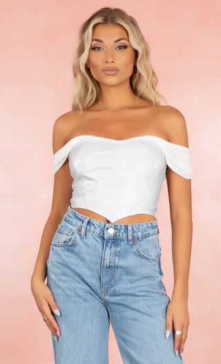 Chic Envy Black Faux Leather Sweetheart Off The Shoulder Mesh Short Sleeve Crop Top