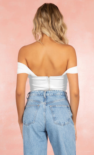 Chic Envy White Faux Leather Sweetheart Off The Shoulder Mesh Short Sleeve Crop Top