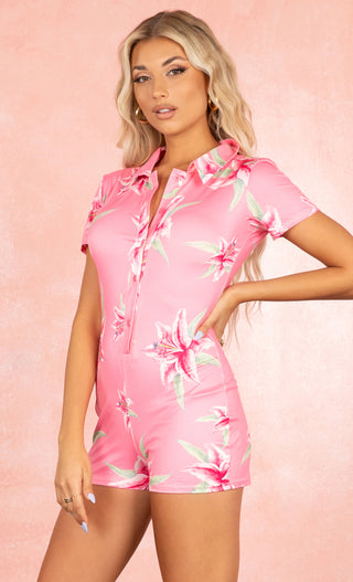 Sunshine State<br><span> Pink Tropical Floral Pattern Button Up Collared Romper Short Sleeve</span>