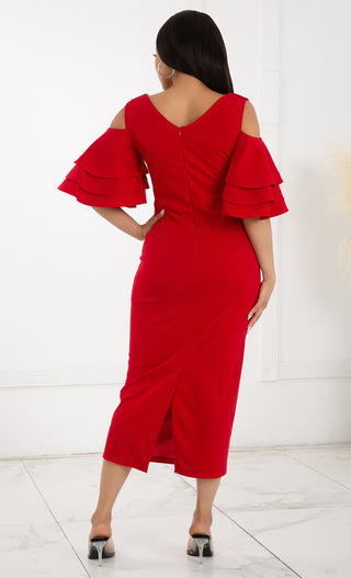 Raised Me Right Red Elbow Sleeve Ruffle Cross Wrap V Neck Cold Shoulder Bodycon Midi Dress