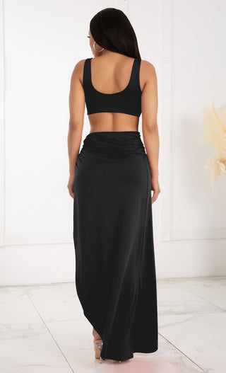 You're The One <span><br>Black Sleeveless Scoop Neck Casual Crop Tank Top Set Slit Maxi High Waisted Asymmetrical Ruched Twist Skirt Two Piece Dress</span>