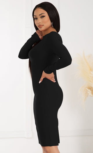Curves Ahead Black Long Sleeve Plunge Reversable V Zipper Back Bodycon Bandage Midi Dress