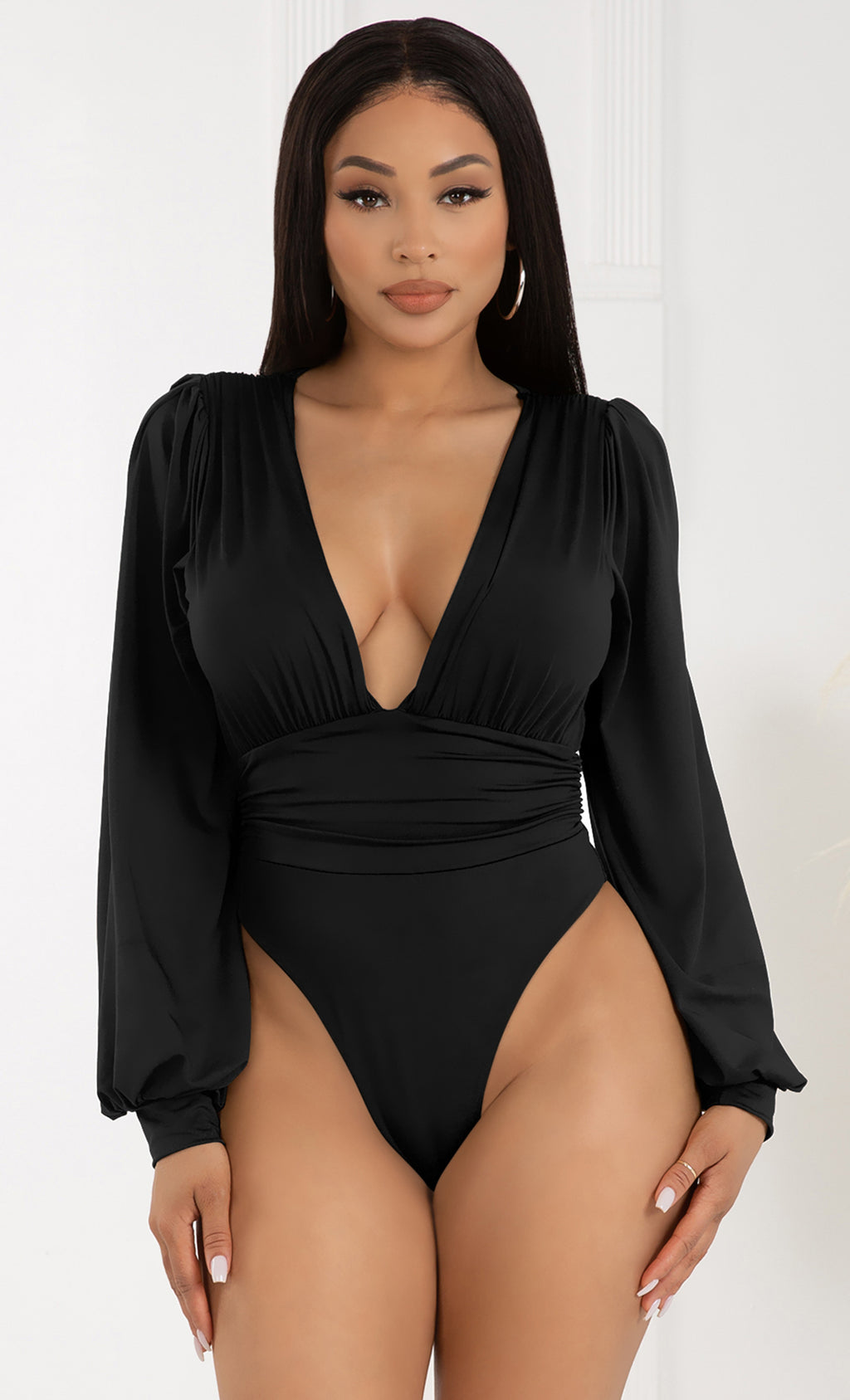 No Harm Done , Beige Long Puff Sleeve Deep Plunge V Neck Bodysuit Bikini  Cut Top