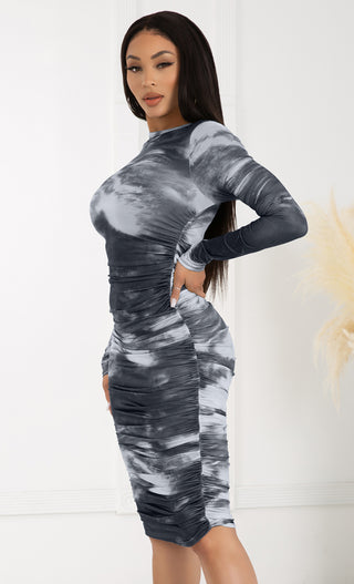 All Together Again Black Tie Dye Pattern Long Sleeve Crew Neck Ruched Bodycon Midi Dress