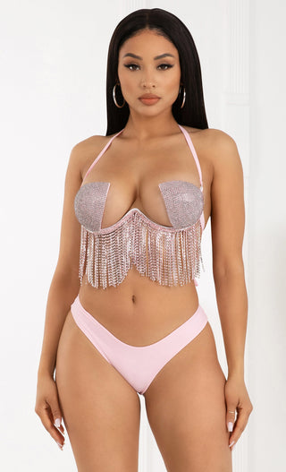 Take Me To Paradise <br><span>Silver Rhinestone Fringe Halter Cut Out Bikini Brazilian Two Piece Swimsuit</span>