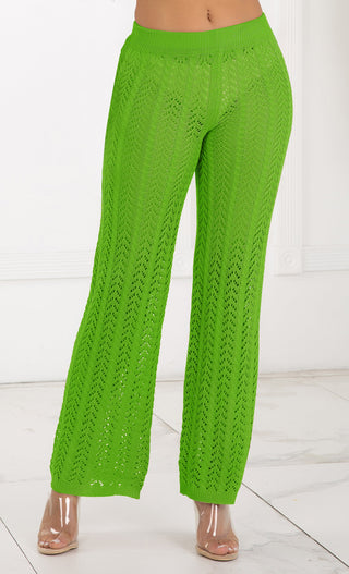 Bohemian Chic <span><br>Neon Green High Waisted Crochet Knit Drawstring Sheer Flare Pants</span>