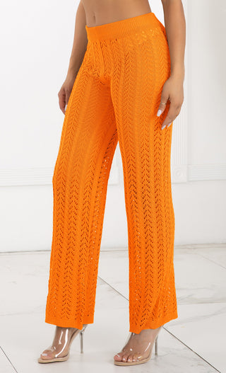 Bohemian Chic <span><br>Neon Green High Waisted Crochet Knit Drawstring Sheer Flare Pants</span>