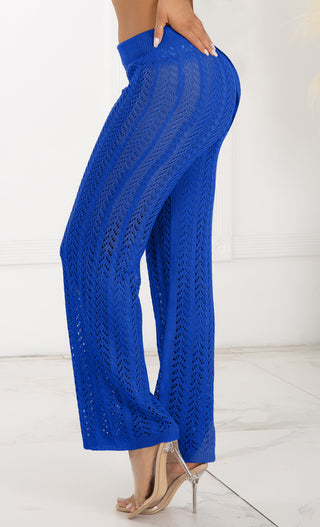 Bohemian Chic <span><br>Sky Blue High Waisted Crochet Knit Drawstring Sheer Flare Pants</span>