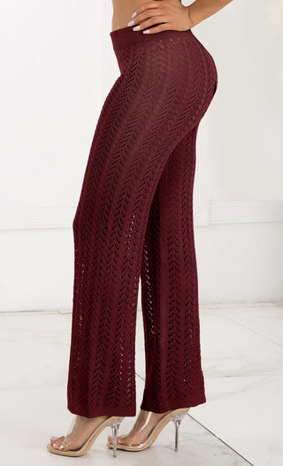 Bohemian Chic <span><br>Burgundy High Waisted Crochet Knit Drawstring Sheer Flare Pants</span>
