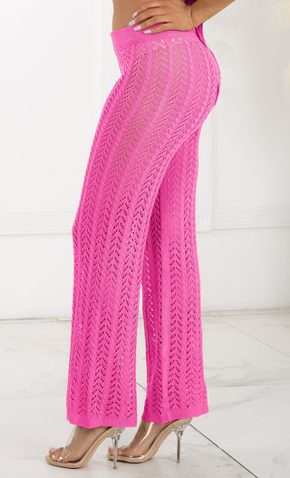 Bohemian Chic <span><br>Neon Yellow High Waisted Crochet Knit Drawstring Sheer Flare Pants</span>