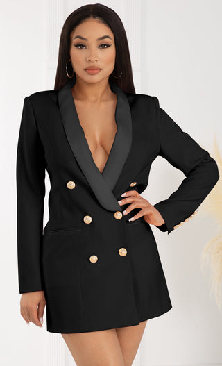 Touch Of Sass <br><span>Blue Satin Lapel Double Breasted Button Long Sleeve Welt Pocket Blazer Mini Dress</span>