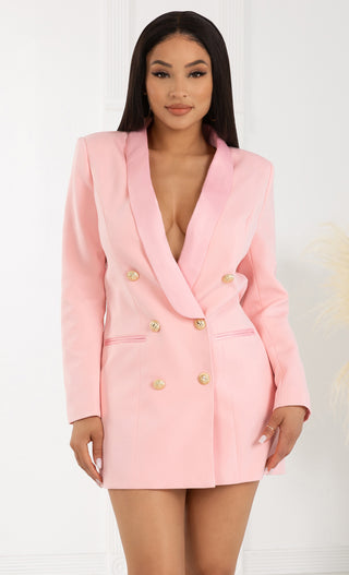 Touch Of Sass <br><span>Pink Satin Lapel Double Breasted Button Long Sleeve Welt Pocket Blazer Mini Dress</span>