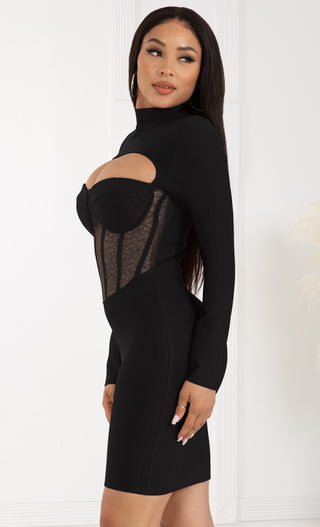 Intoxicating Love Black Bustier Sheer Mesh Lace Cut Out Long Sleeve Mock Neck Bandage Bodycon Mini Dress