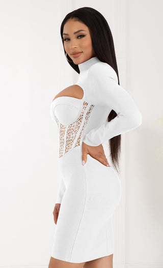 Intoxicating Love White Bustier Sheer Mesh Lace Cut Out Long Sleeve Mock Neck Bandage Bodycon Mini Dress