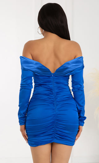 If You Only Knew Blue Strapless Satin Long Sleeve Off The Shoulder Folded Draped V Neck Ruched Bodycon Mini Dress