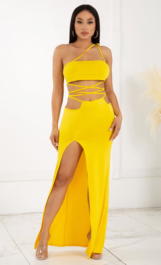 Love Myself Unconditionally Yellow Two Piece One Shoulder Casual Lace Up Wrap Cut Out Slit Front Maxi Dress