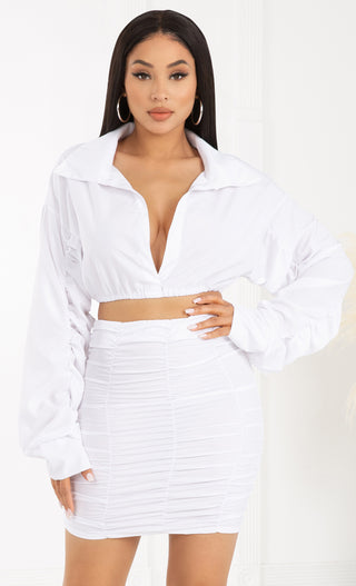 Stand Strong<br><span> White Long Puff Sleeve Ruched V Neck Collar Loose Crop Top Bodycon Two Piece Casual Mini Dress</span>