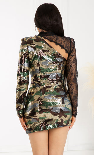 London Look Black Sequin Sheer Lace Camouflage Pattern Long Sleeve Mock Neck Cut Out Asymmetric Bodycon Mini Dress
