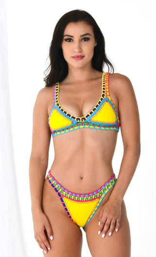 Indie XO Blinky Beach <br><span>Neoprene Yellow Purple Blue Mint Crochet Trim Triangle Bikini Swimsuit Two Piece Set</span>