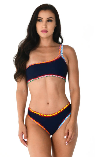 Hawaiian Spirit <br><span>Navy Sleeveless One Shoulder Crochet Elastic Two Piece Bikini Swimsuit</span>