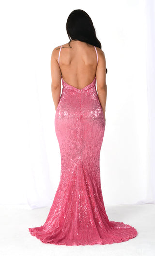 Fire and Ice Pink Sequin Sleeveless Spaghetti Strap Plunge V Neck Backless Mermaid Maxi Dress Gown