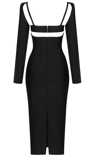 Open And Shut <br><span>Black Long Sleeve Cut Out Front Open Back Bandage Bodycon Midi Dress</span>