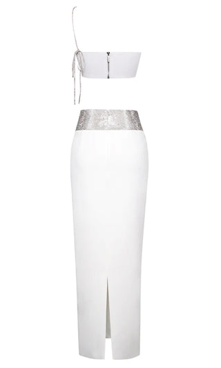 Loving The Drama White Strapless Tube Top Rhinestone V Waist Maxi Bodycon Bandage Two Piece Maxi Dress