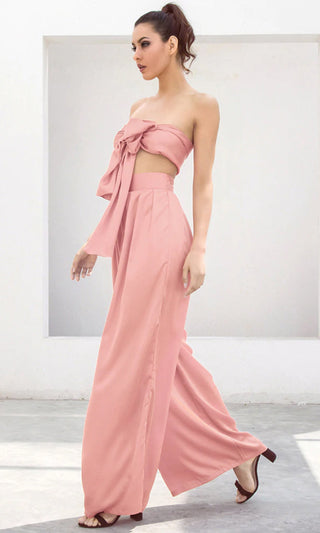 Indie XO In The Lead Purple Silky Strapless Tie Front High Waist Palazzo Jumpsuit Pants