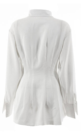 Challenge Accepted White Long Lantern Sleeve Button Front Pintucked Collar Shirt Blouse