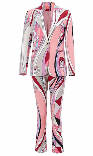 Boss Life <br><span>Pink Geometric Pattern Long Sleeve Single Breast Blazer Jacket Skinny Pant Two Piece Set</span>