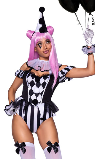 Clown Cutie<br><span> Black White Geometric Pattern Off The Shoulder Ruffle Bodysuit Four Piece Halloween Costume Set</span>