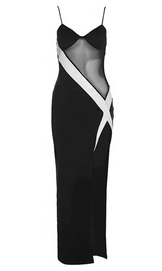 Only A Dream <br><span>Black White Sleeveless Spaghetti Strap Sheer Mesh V Neck High Slit Bandage Bodycon Midi Dress</span>
