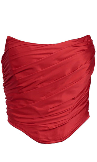 All The Feels Red Strapless Draped Ruched Scoop Neck Cut Out Side Bustier Crop Top