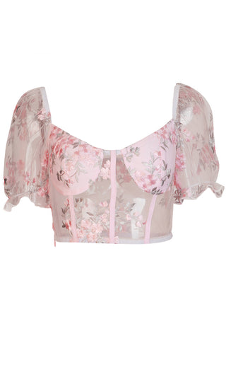 Turn On The Charm Pink Floral Pattern Sheer Mesh Short Puff Sleeve V Neck Bustier Crop Top Blouse