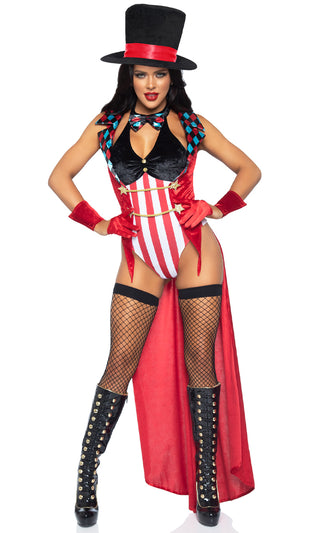 Circus Time <br><span>Red Stripe Pattern Sleeveless Plunge V Neck Halter Bodysuit Long Velvet Jacket Bow Tie and Hat Four Piece Halloween Costume</span>