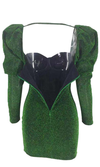Against All Odds Green Glitter Long Sleeve Puff Shoulder Sweetheart Neck Bodycon Mini Dress