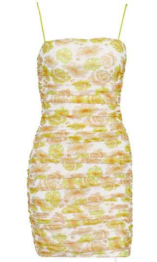 Everlasting Love Yellow Floral Pattern Sleeveless Spaghetti Strap Square Neck Ruched Casual Bodycon Mini Dress