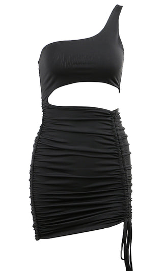 Heating Things Up Black Sleeveless One Shoulder Cut Out Side Ruched Bodycon Mini Dress