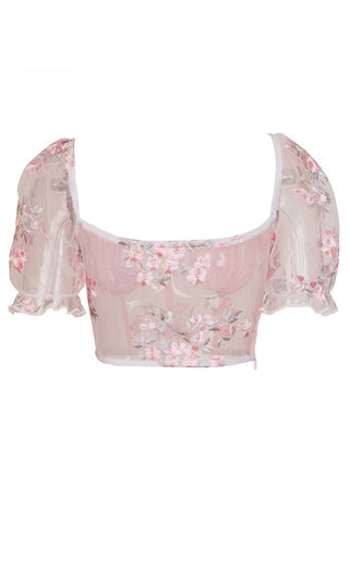 Turn On The Charm Pink Floral Pattern Sheer Mesh Short Puff Sleeve V Neck Bustier Crop Top Blouse