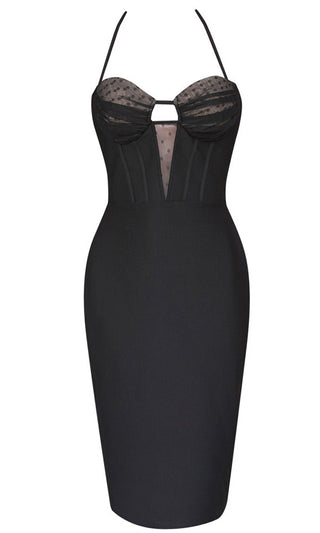VIP Room <span><br> Black Sleeveless Spaghetti Strap Bustier Halter Dotted Lace Cut Out Bodycon Bandage Midi Dress</span>
