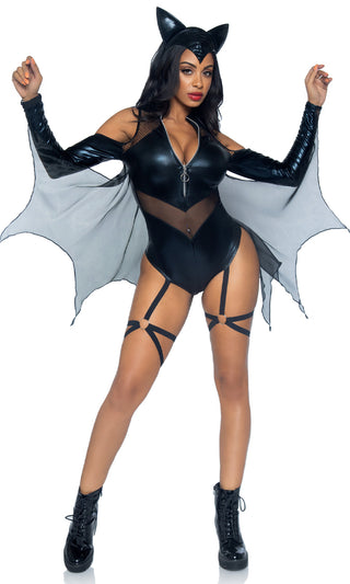 Midnight Bat <br><span>Black Cold Shoulder Fishnet Long Sleeve V Neck Zip Up Mesh Garter Bodysuit 2 Piece Halloween Costume</span>
