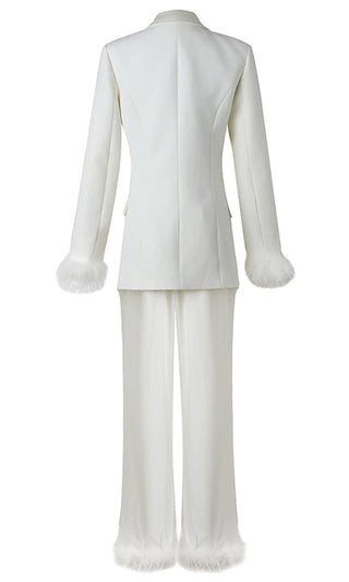Ground Breaker <br><span>White Long Sleeve Single Breast Button Blazer Jacket Feather Trim Trouser Two Piece Suit Set</span>