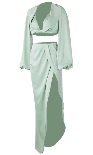 Tulum Nights Green Satin Long Sleeve Blouse Lantern V Neck Twist Crop Top Wrap Split Maxi Skirt Casual Two Piece Dress